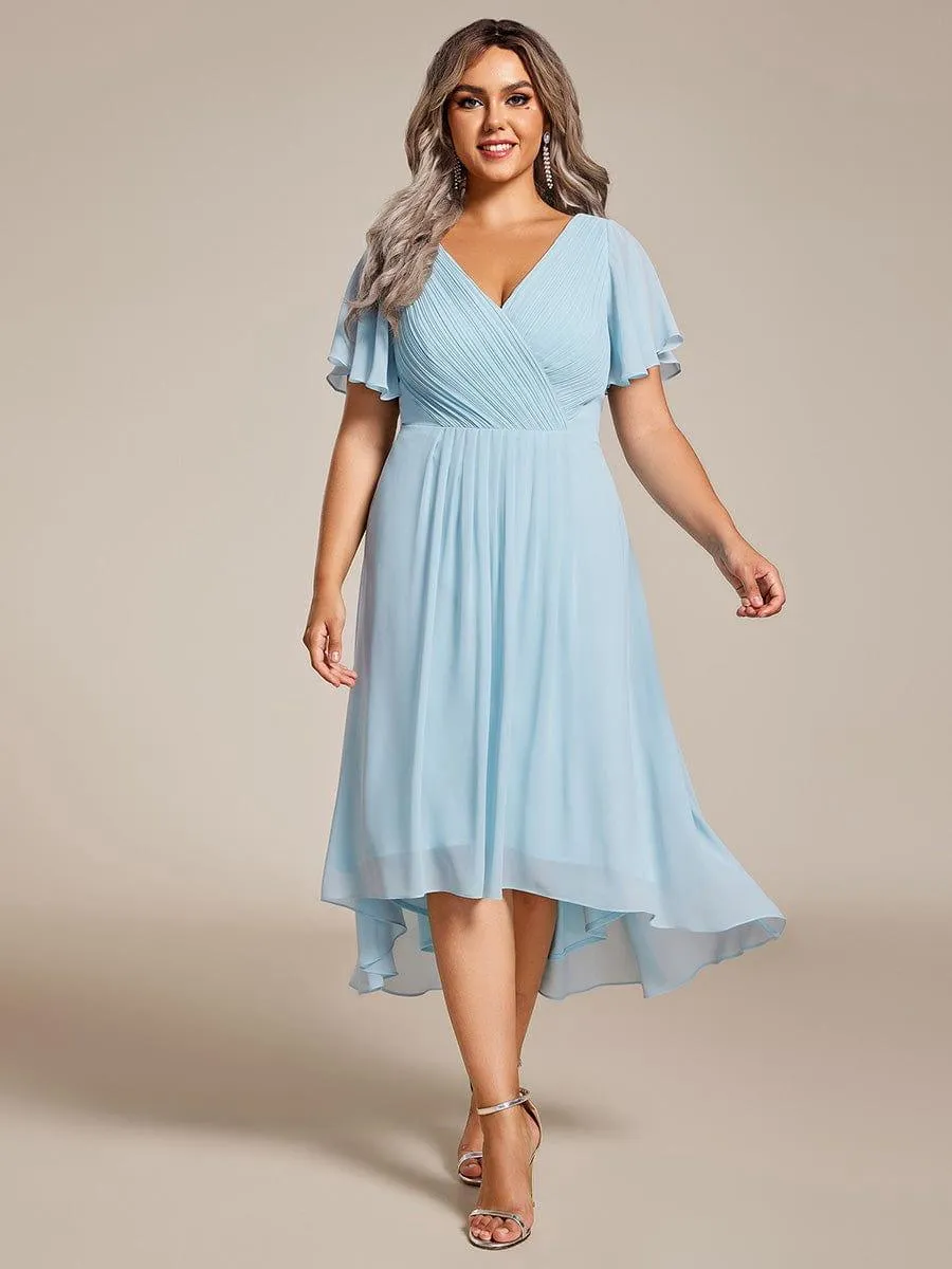 Pleated Asymmetrical Hem Ruffles Sleeve Chiffon Bridesmaid Dress