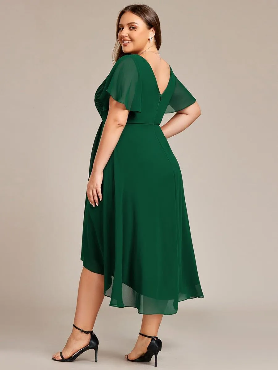Pleated Asymmetrical Hem Ruffles Sleeve Chiffon Bridesmaid Dress