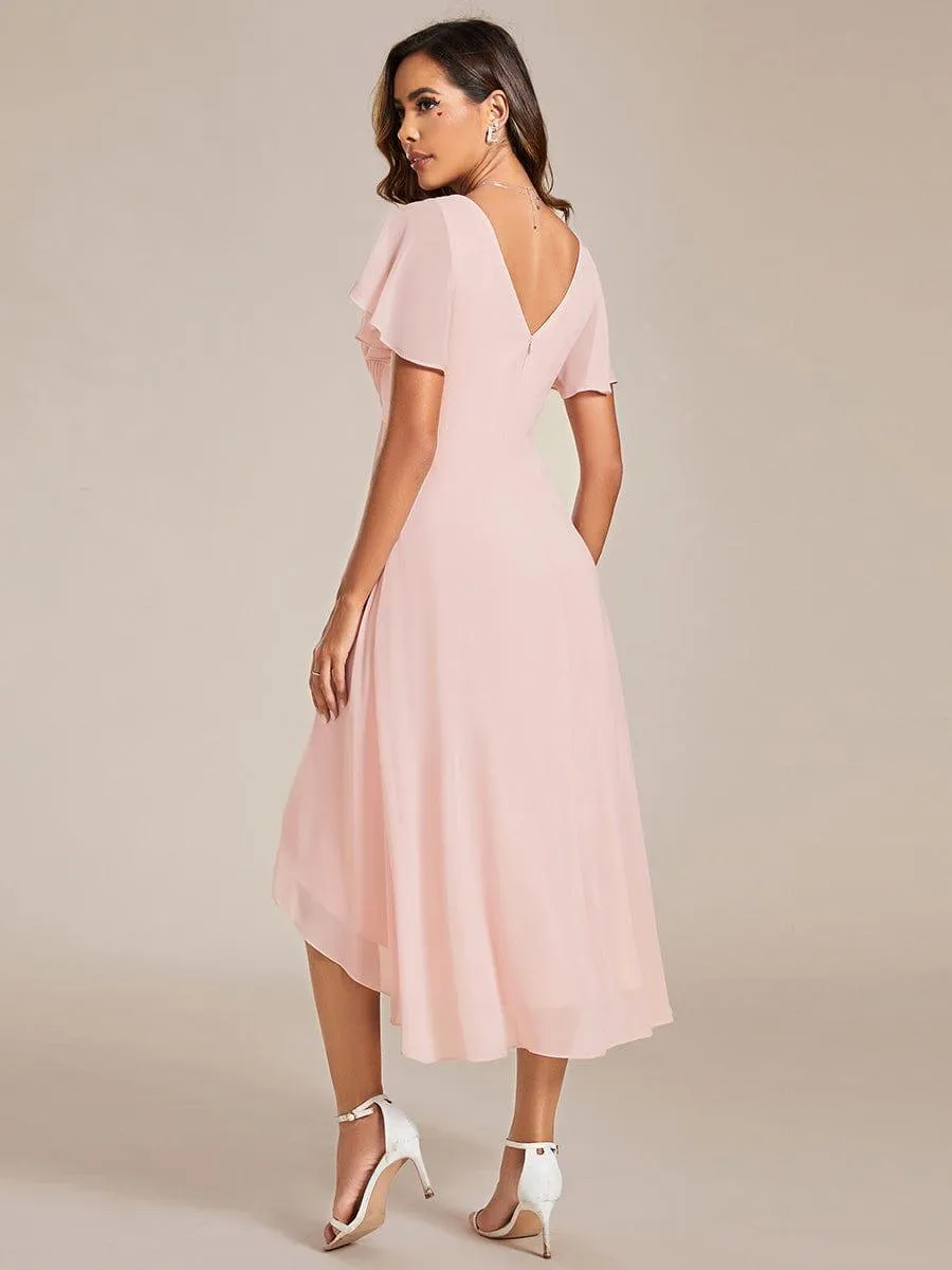 Pleated Asymmetrical Hem Ruffles Sleeve Chiffon Bridesmaid Dress