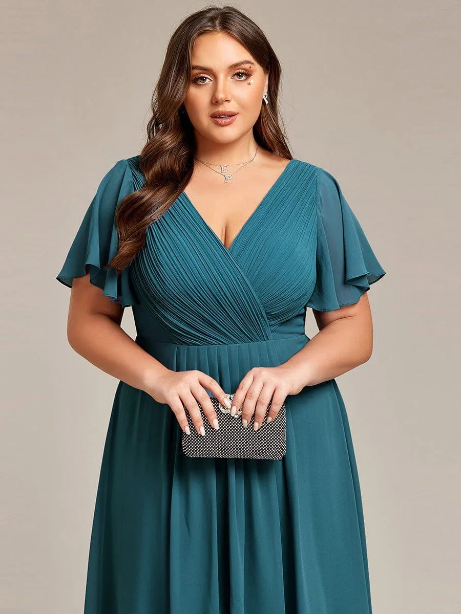 Pleated Asymmetrical Hem Ruffles Sleeve Chiffon Bridesmaid Dress