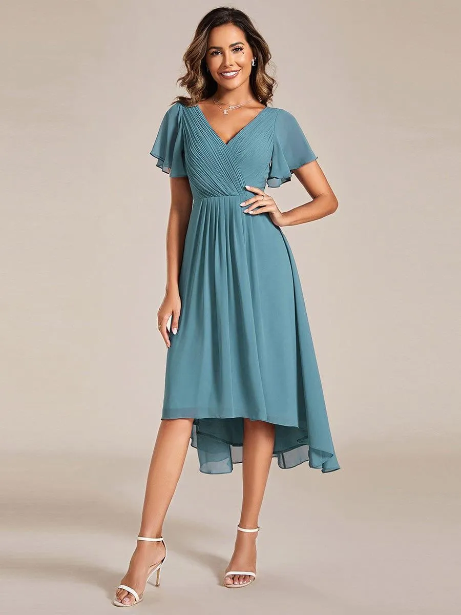 Pleated Asymmetrical Hem Ruffles Sleeve Chiffon Bridesmaid Dress