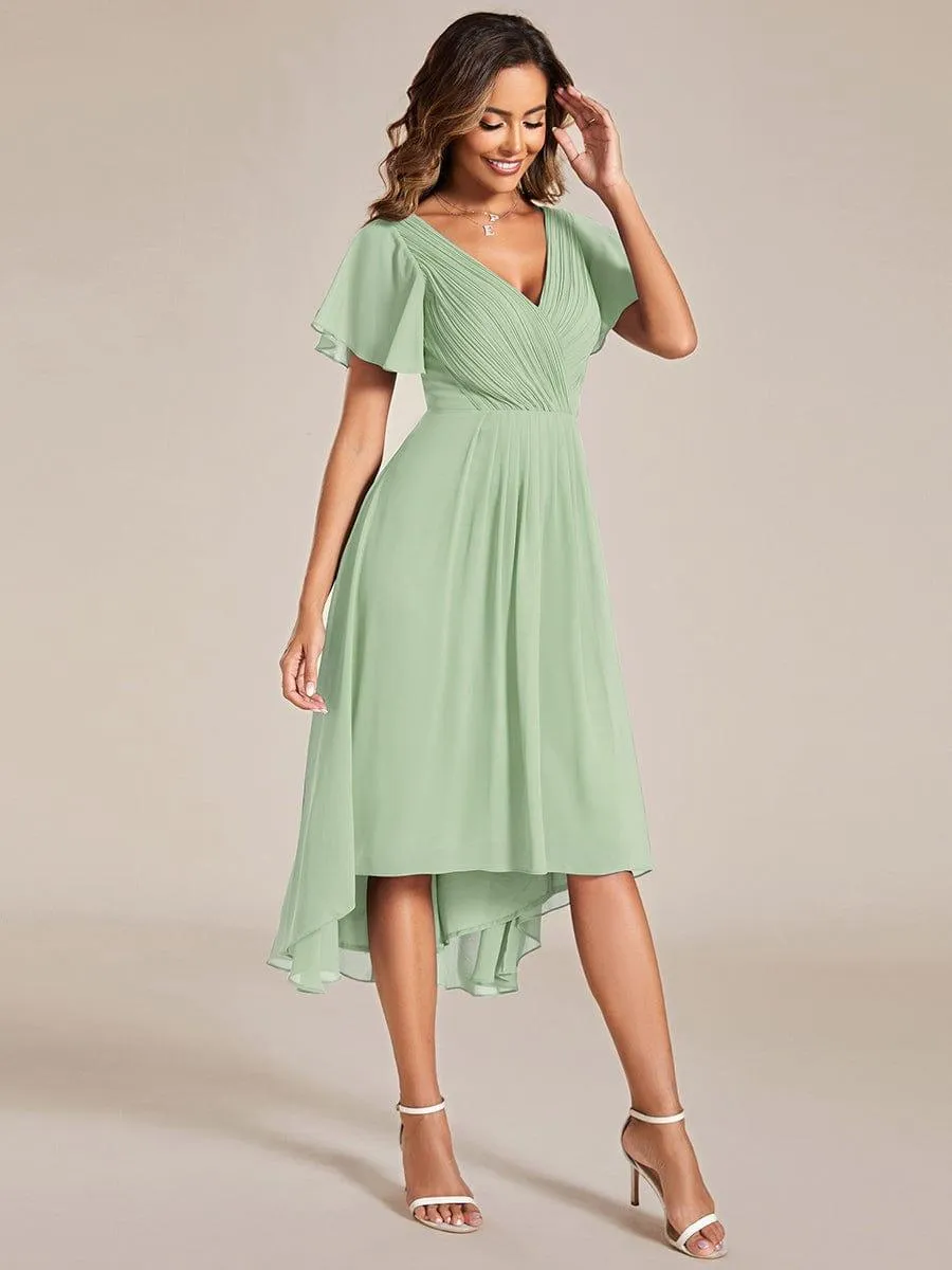 Pleated Asymmetrical Hem Ruffles Sleeve Chiffon Bridesmaid Dress
