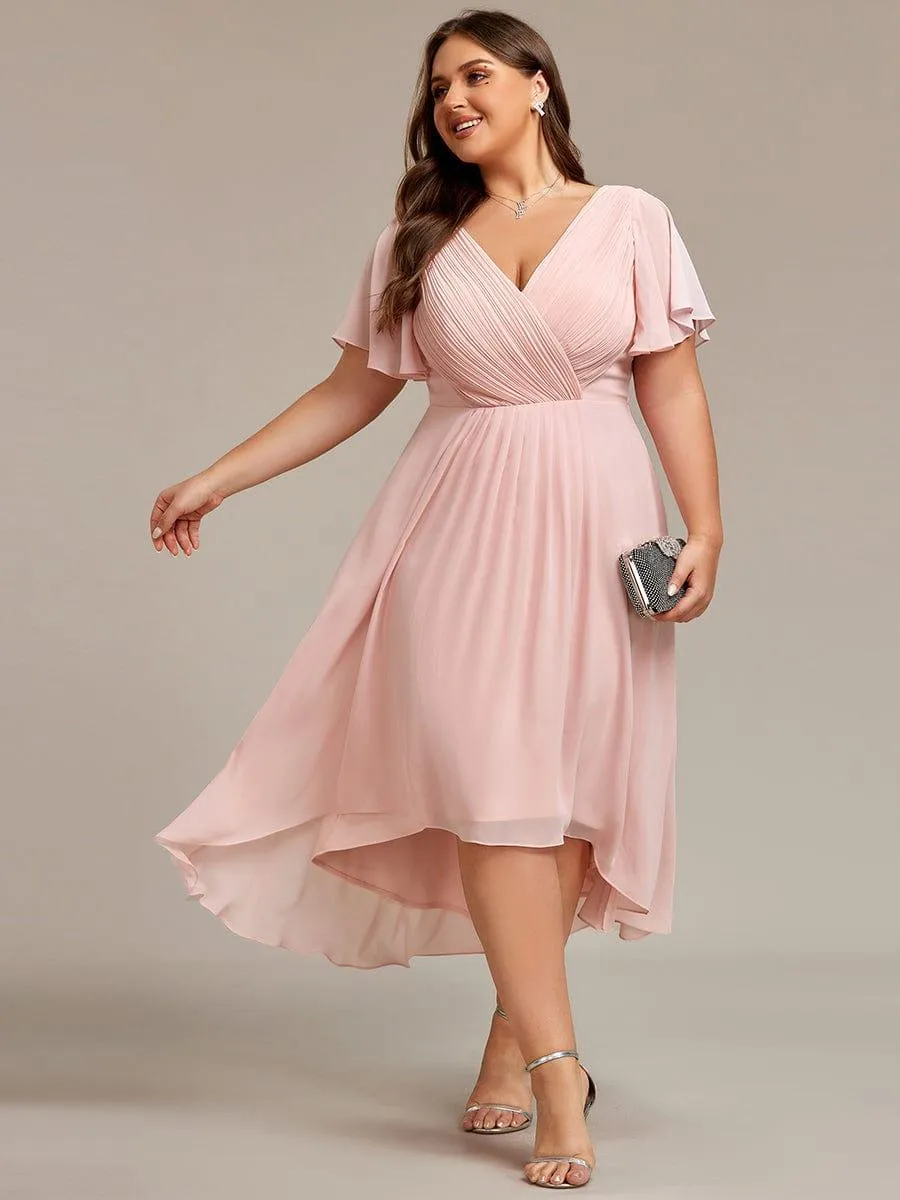 Pleated Asymmetrical Hem Ruffles Sleeve Chiffon Bridesmaid Dress