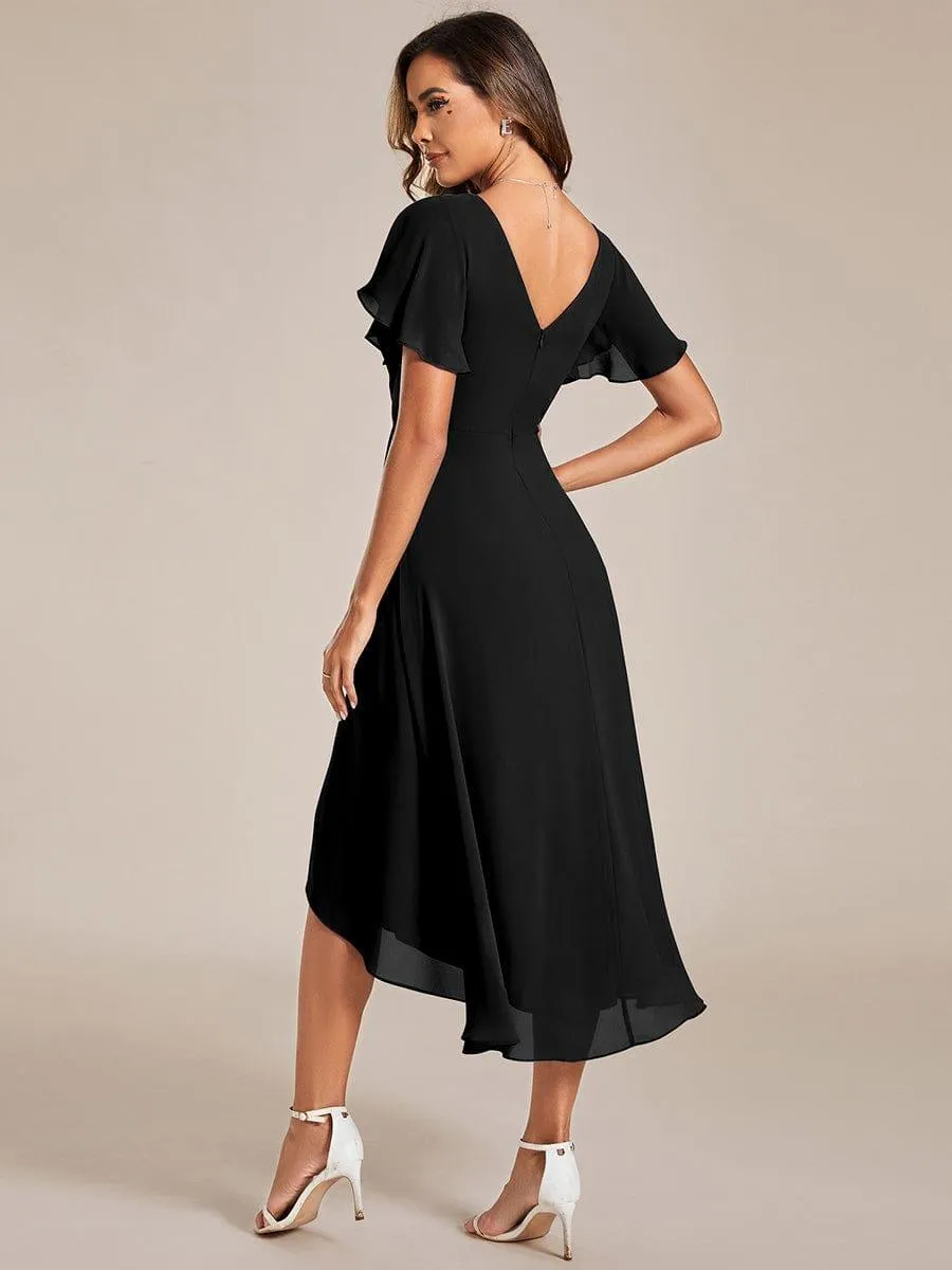 Pleated Asymmetrical Hem Ruffles Sleeve Chiffon Bridesmaid Dress