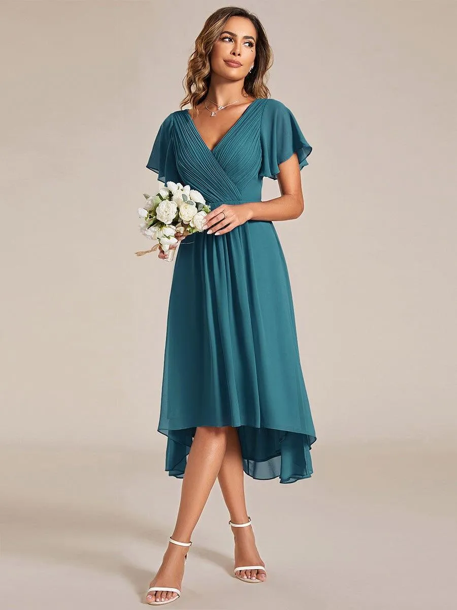 Pleated Asymmetrical Hem Ruffles Sleeve Chiffon Bridesmaid Dress