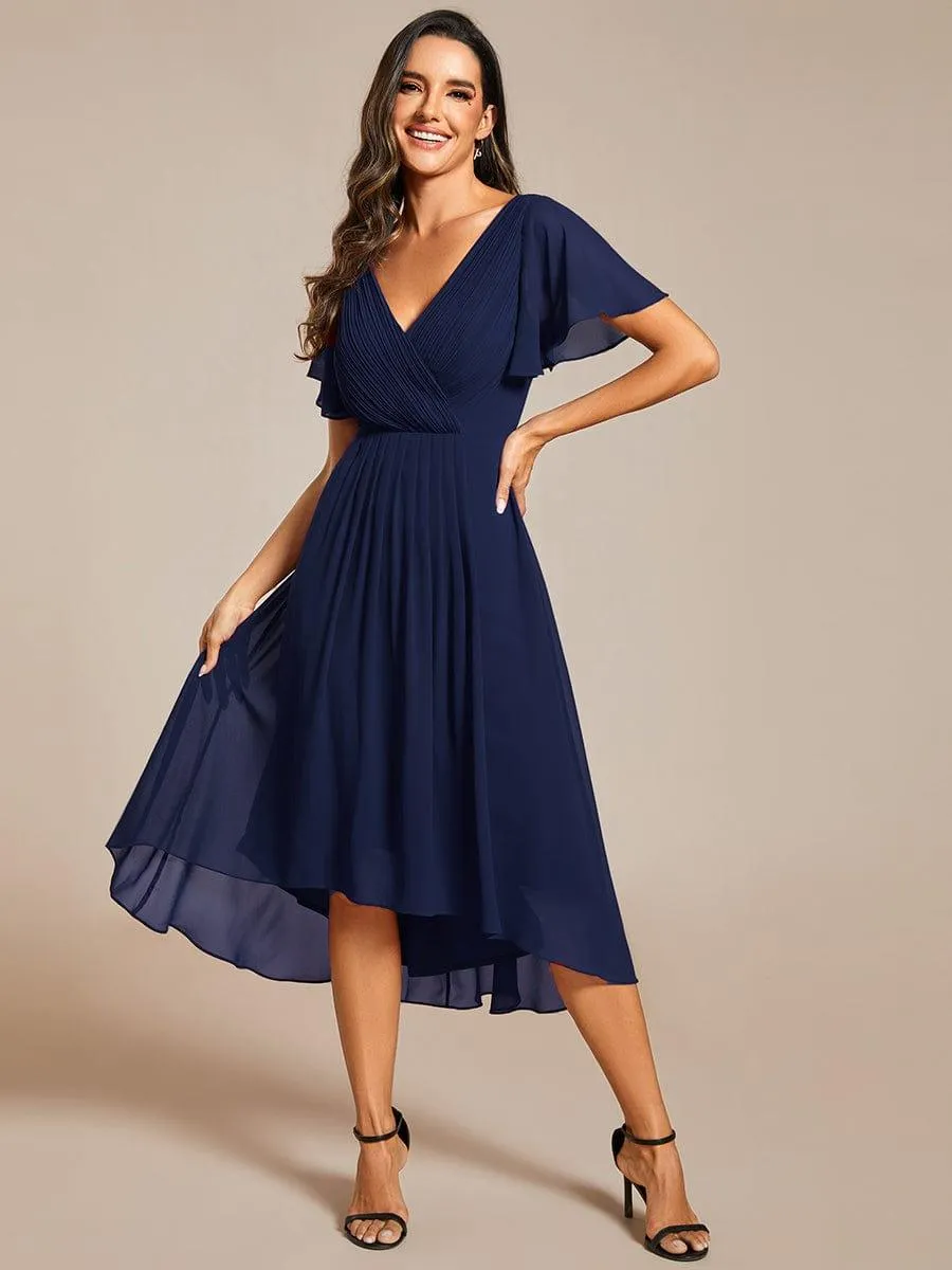 Pleated Asymmetrical Hem Ruffles Sleeve Chiffon Bridesmaid Dress