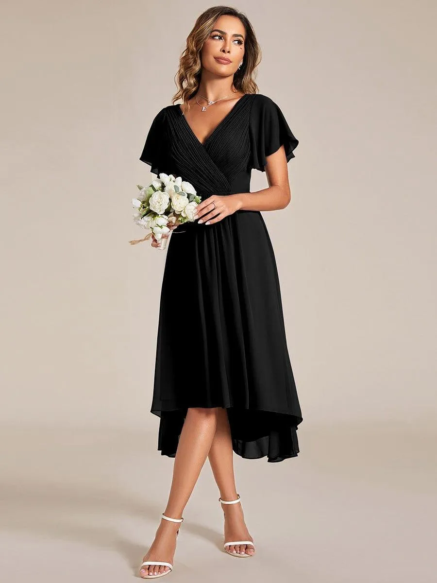Pleated Asymmetrical Hem Ruffles Sleeve Chiffon Bridesmaid Dress