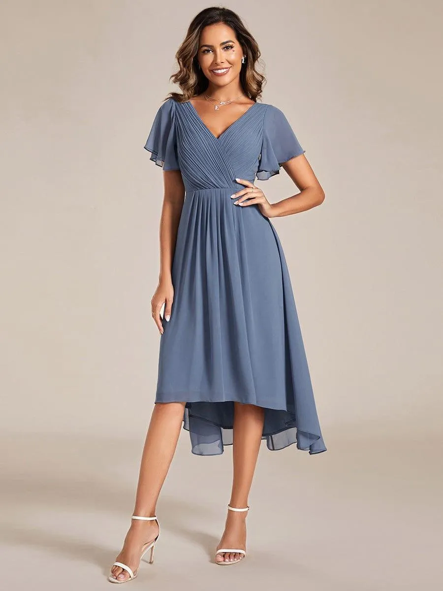 Pleated Asymmetrical Hem Ruffles Sleeve Chiffon Bridesmaid Dress