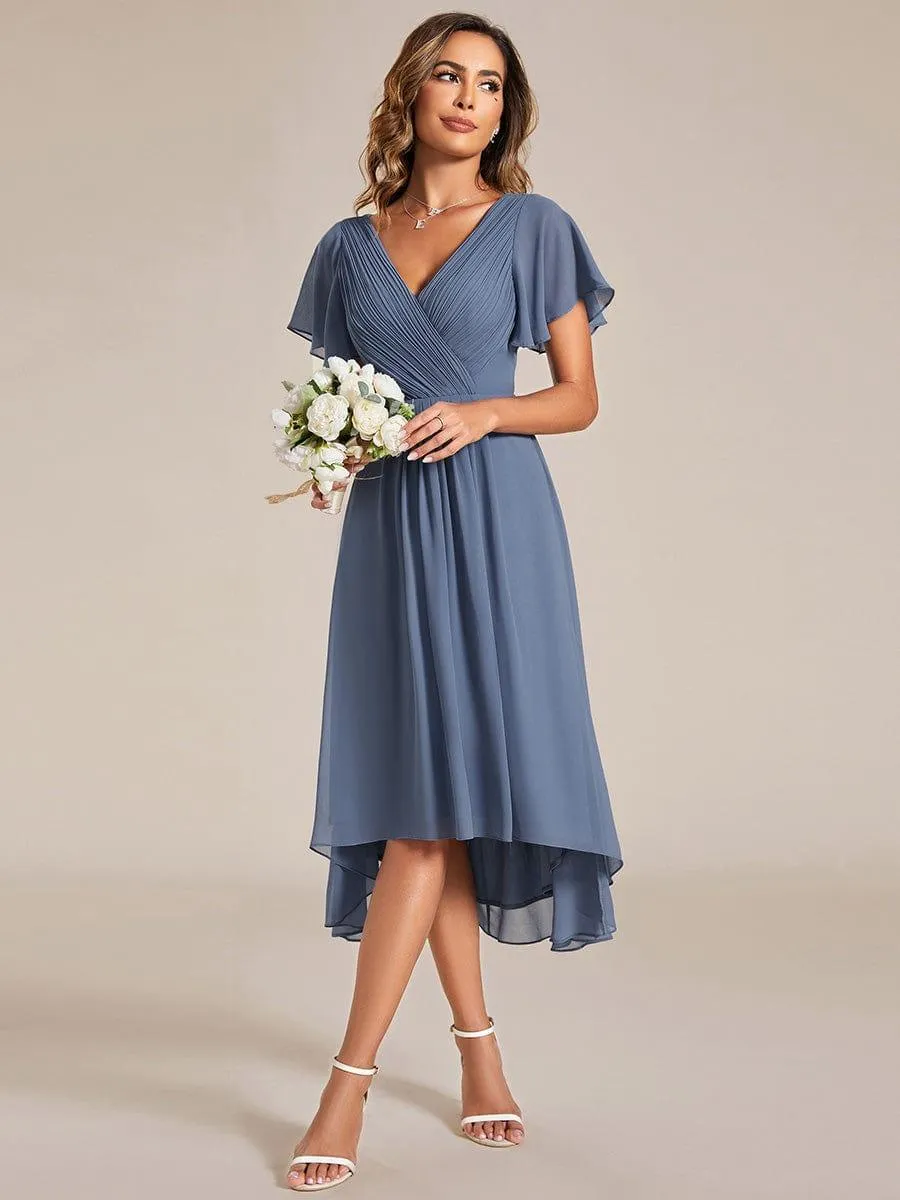 Pleated Asymmetrical Hem Ruffles Sleeve Chiffon Bridesmaid Dress