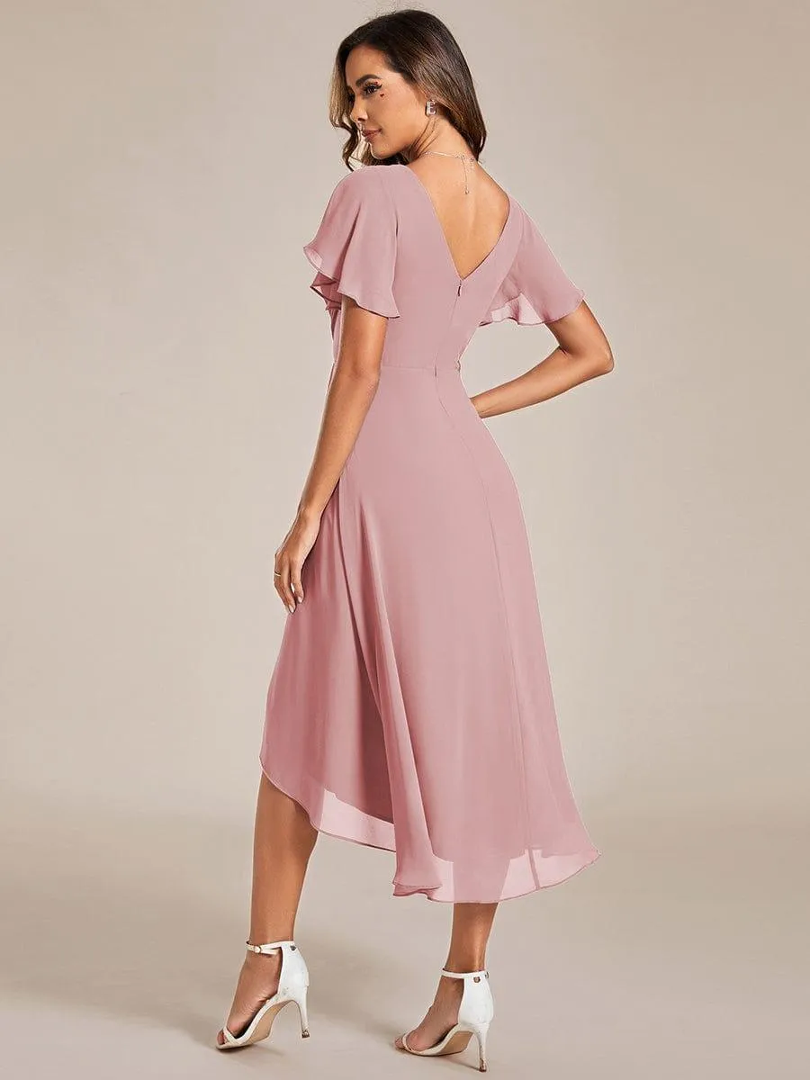 Pleated Asymmetrical Hem Ruffles Sleeve Chiffon Bridesmaid Dress