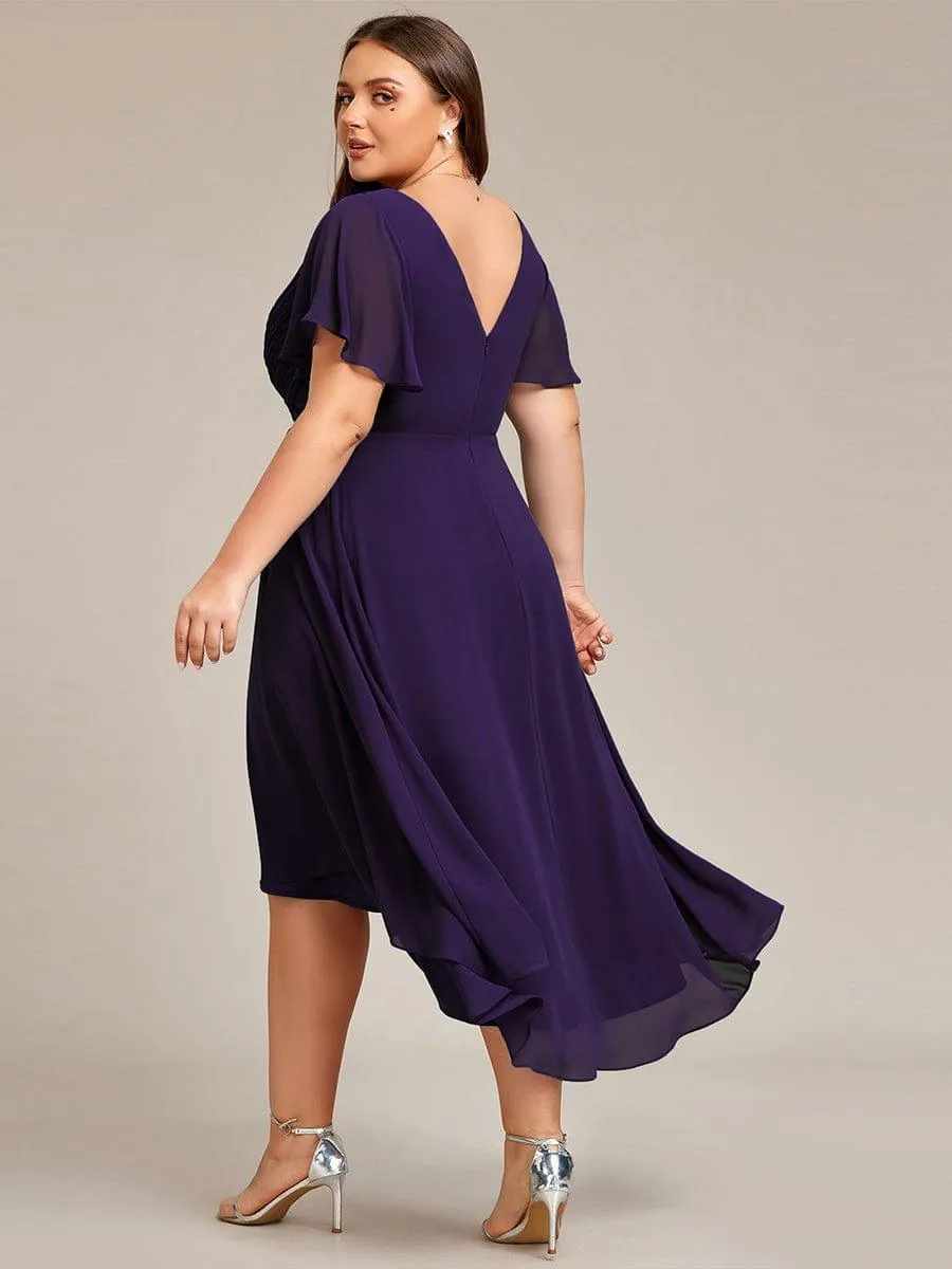 Pleated Asymmetrical Hem Ruffles Sleeve Chiffon Bridesmaid Dress
