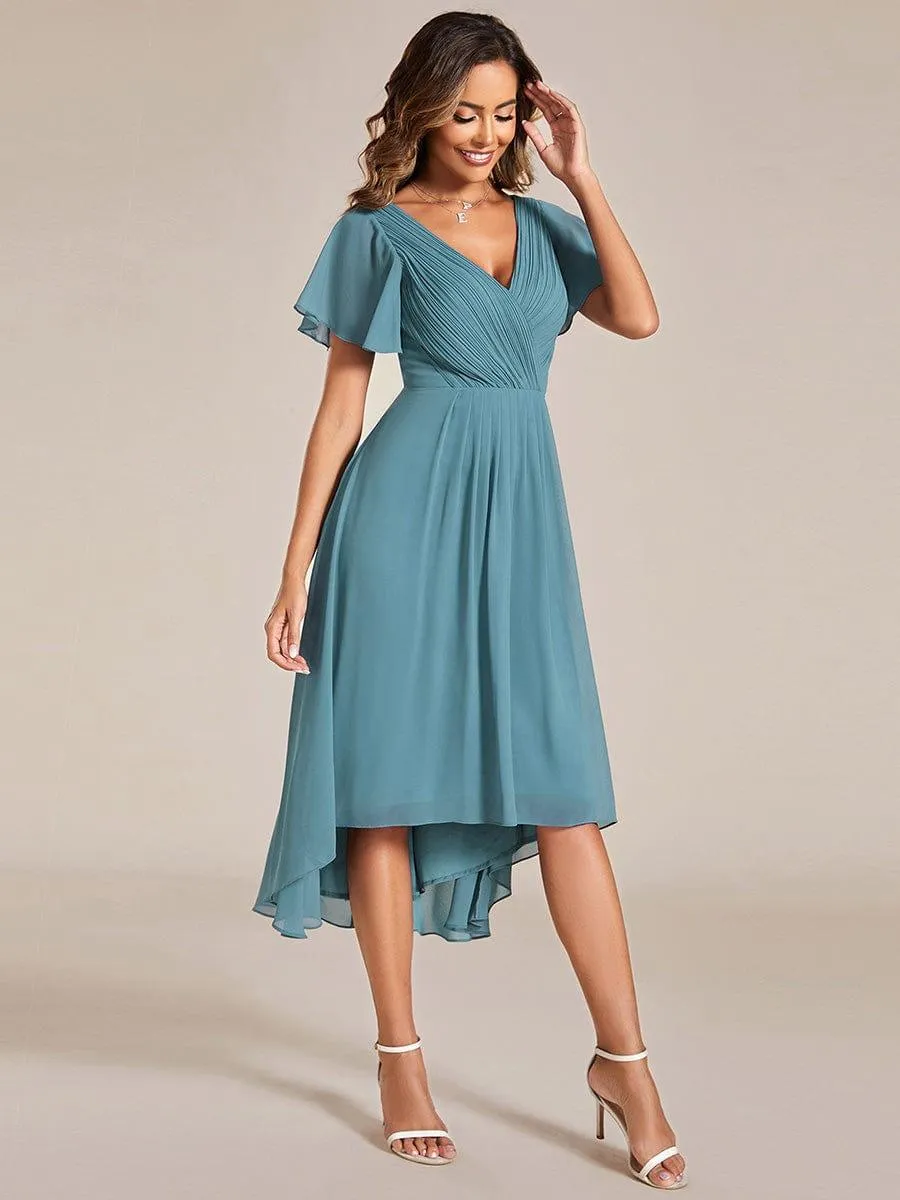 Pleated Asymmetrical Hem Ruffles Sleeve Chiffon Bridesmaid Dress