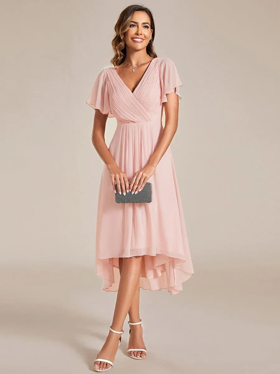 Pleated Asymmetrical Hem Ruffles Sleeve Chiffon Bridesmaid Dress