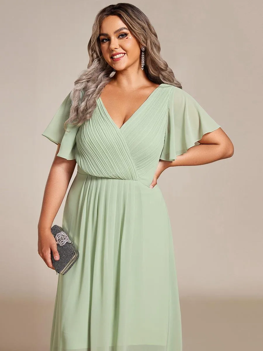 Pleated Asymmetrical Hem Ruffles Sleeve Chiffon Bridesmaid Dress