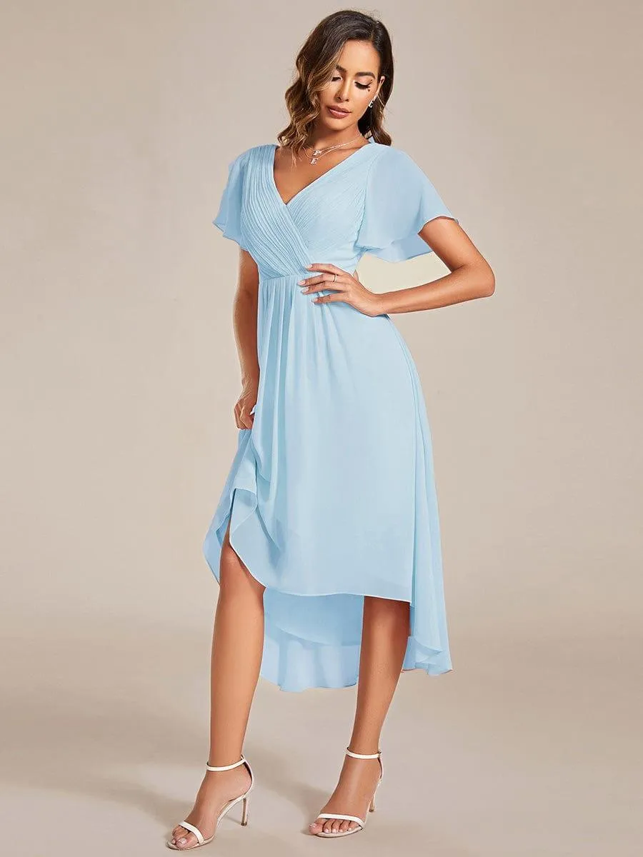 Pleated Asymmetrical Hem Ruffles Sleeve Chiffon Bridesmaid Dress