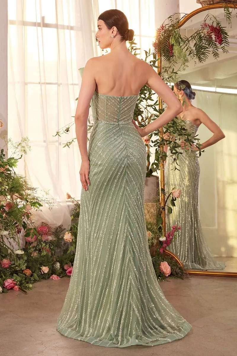 PLEATED FAN BODICE FITTED PEARL GOWN  CDA1436