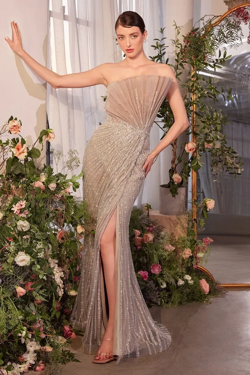 PLEATED FAN BODICE FITTED PEARL GOWN  CDA1436
