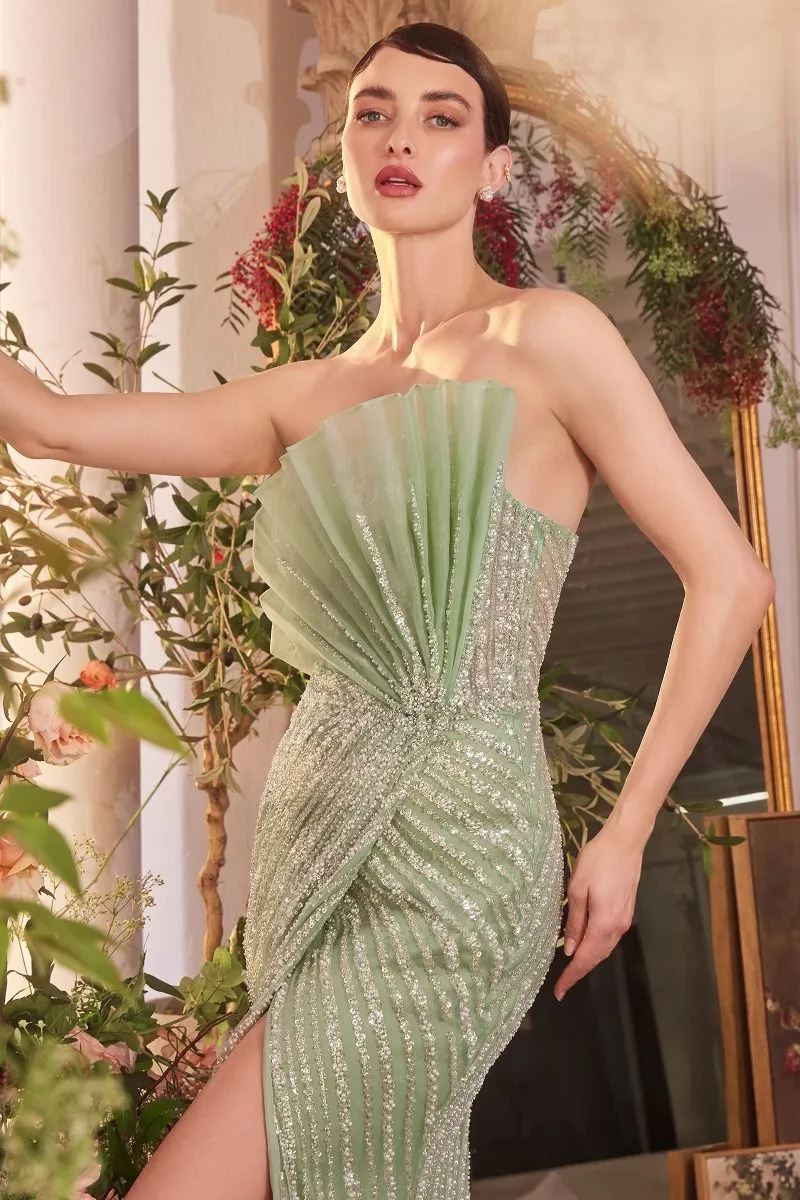 PLEATED FAN BODICE FITTED PEARL GOWN  CDA1436