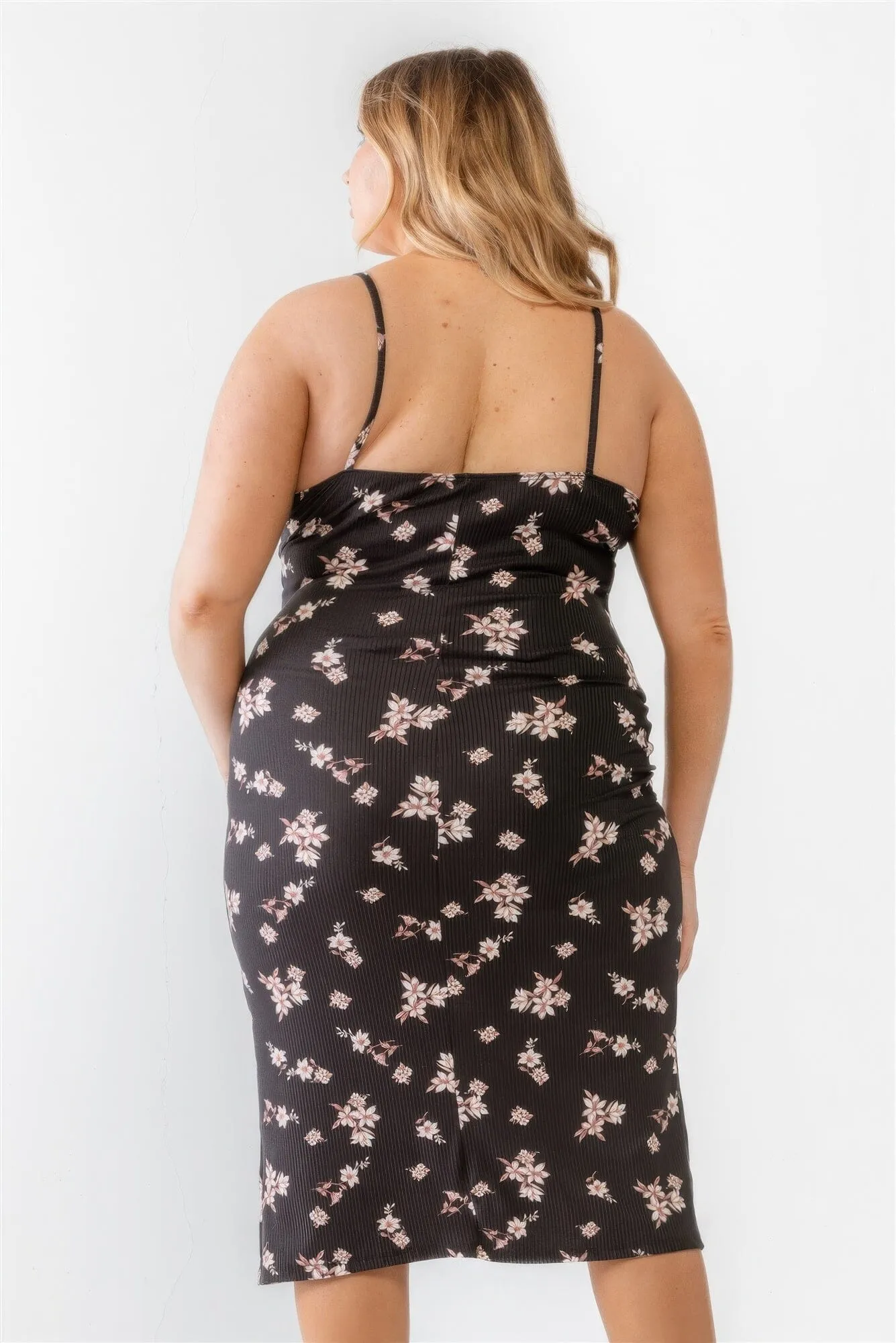 Plus Size Black Floral Ribbed Ruched Sleeveless Midi Dress