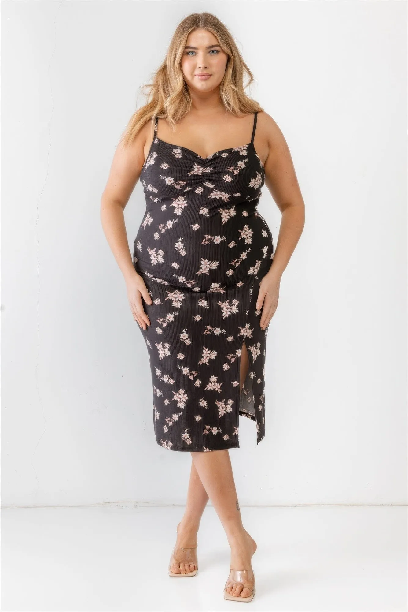 Plus Size Black Floral Ribbed Ruched Sleeveless Midi Dress
