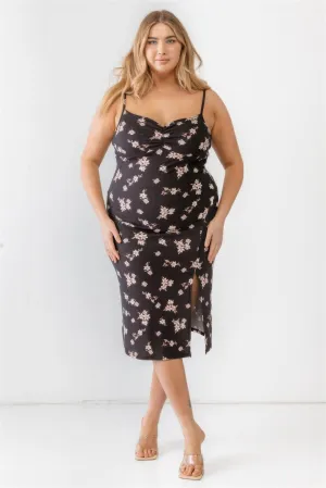 Plus Size Black Floral Ribbed Ruched Sleeveless Midi Dress