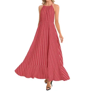 Red and White Striped Ruffle Hem Halter Neck Maxi Dress