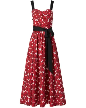 Red Floral Sweetheart A Line Midi Dress