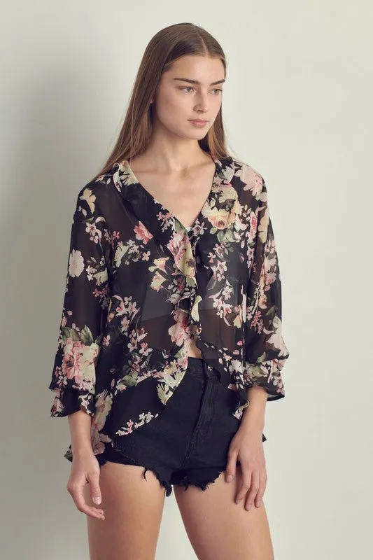Ruffle detail long sleeve in chiffon floral print