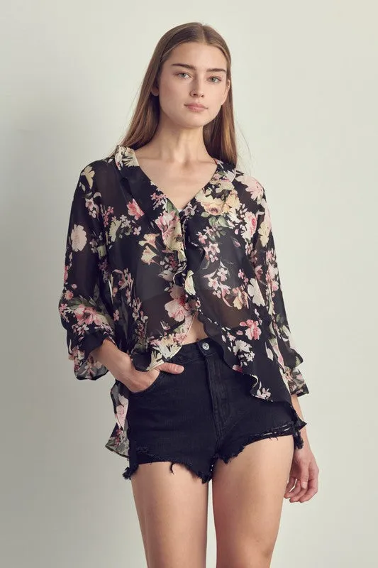 Ruffle detail long sleeve in chiffon floral print