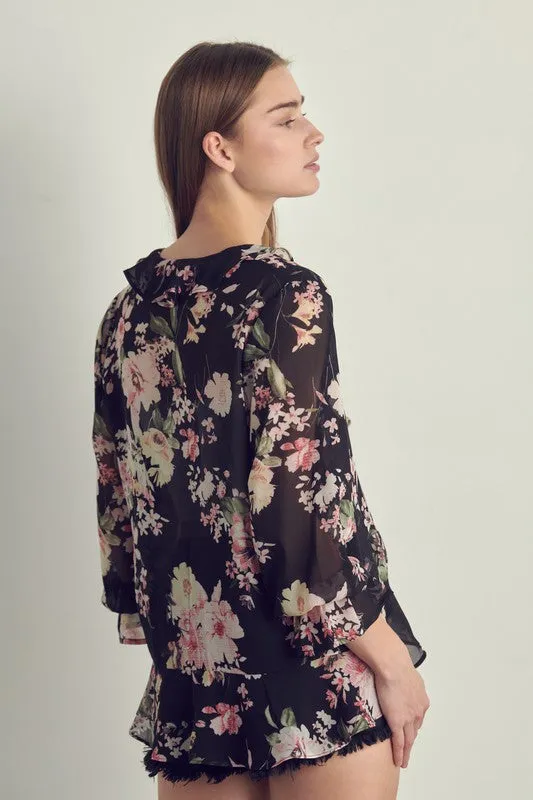 Ruffle detail long sleeve in chiffon floral print