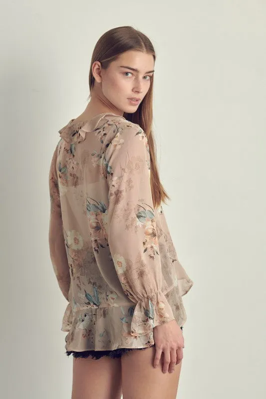 Ruffle detail long sleeve in chiffon floral print