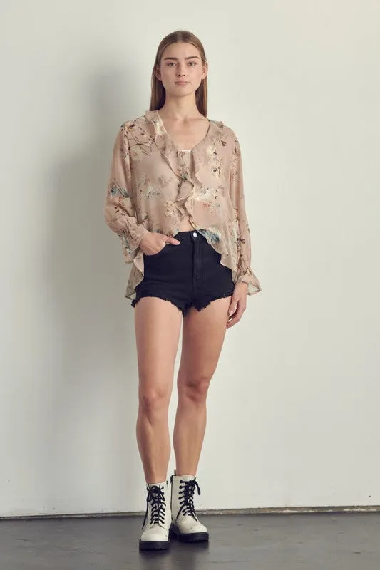 Ruffle detail long sleeve in chiffon floral print