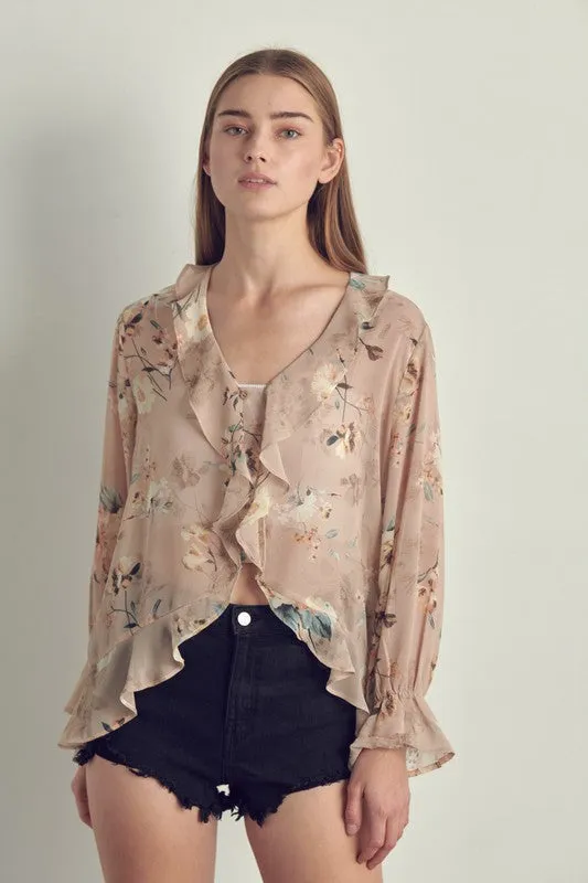 Ruffle detail long sleeve in chiffon floral print