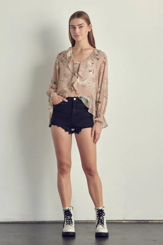Ruffle detail long sleeve in chiffon floral print