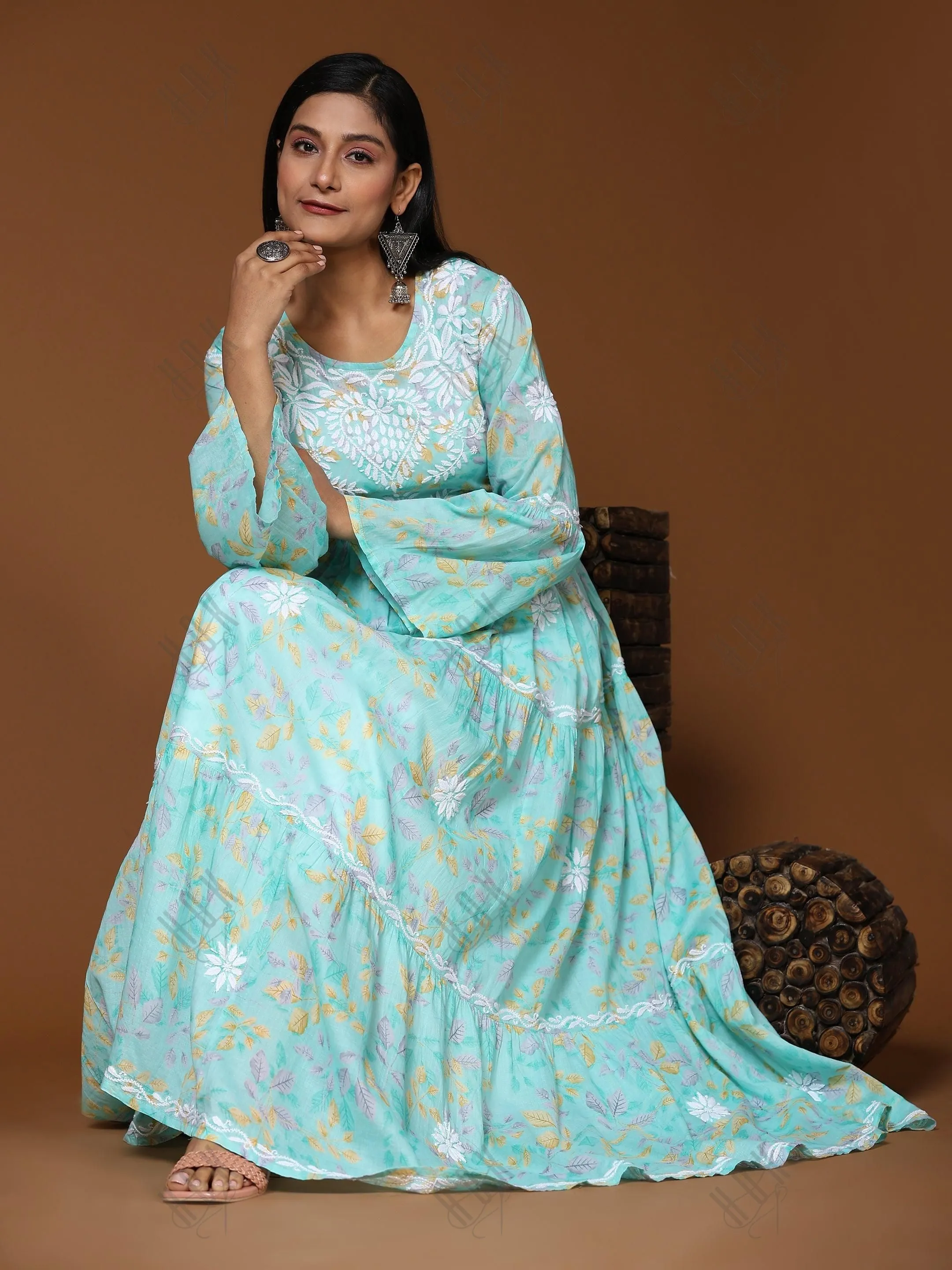 Samma Hand Embroidered Chikankari  Mul Gown for Women- Light Blue