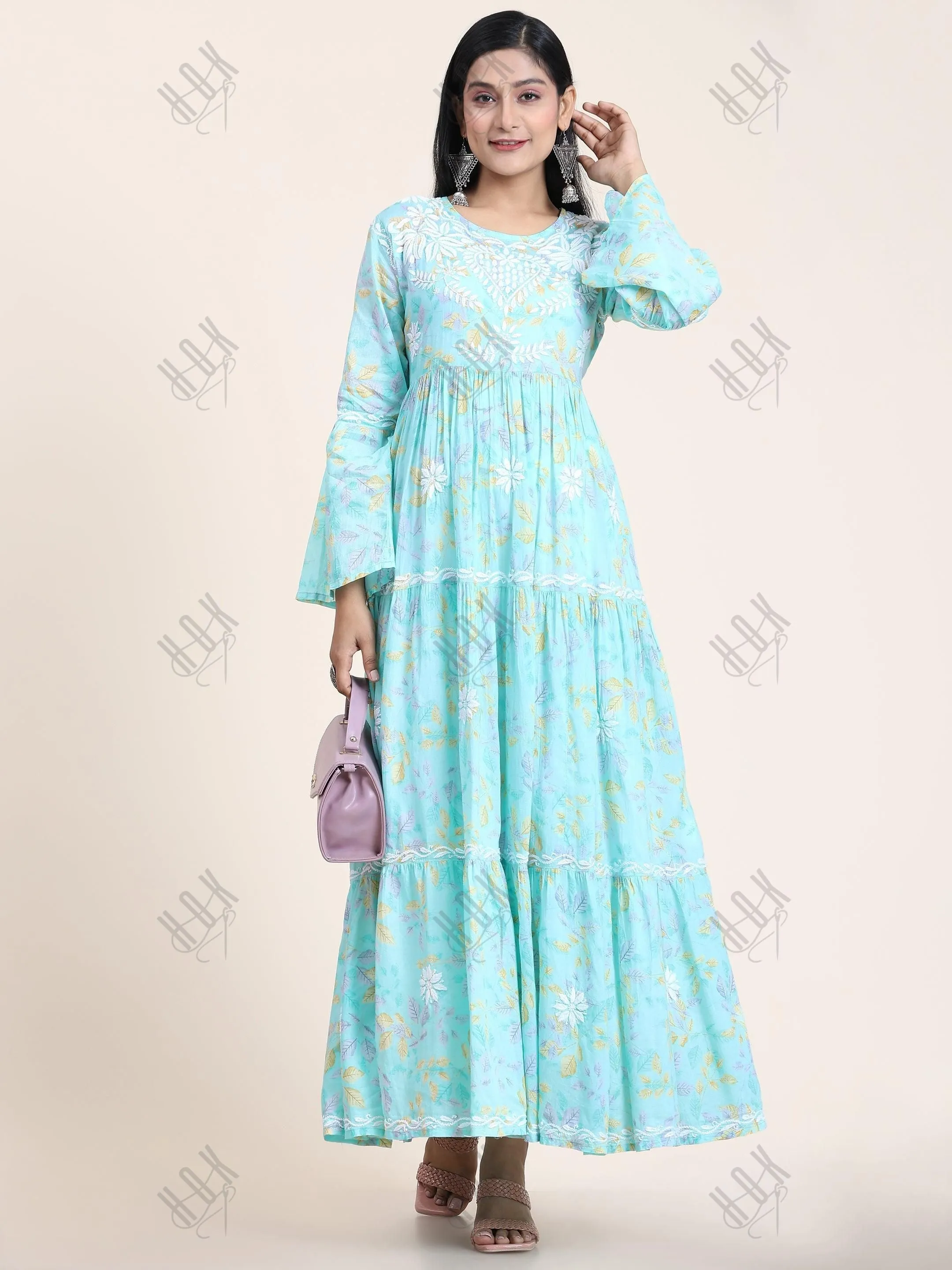 Samma Hand Embroidered Chikankari  Mul Gown for Women- Light Blue