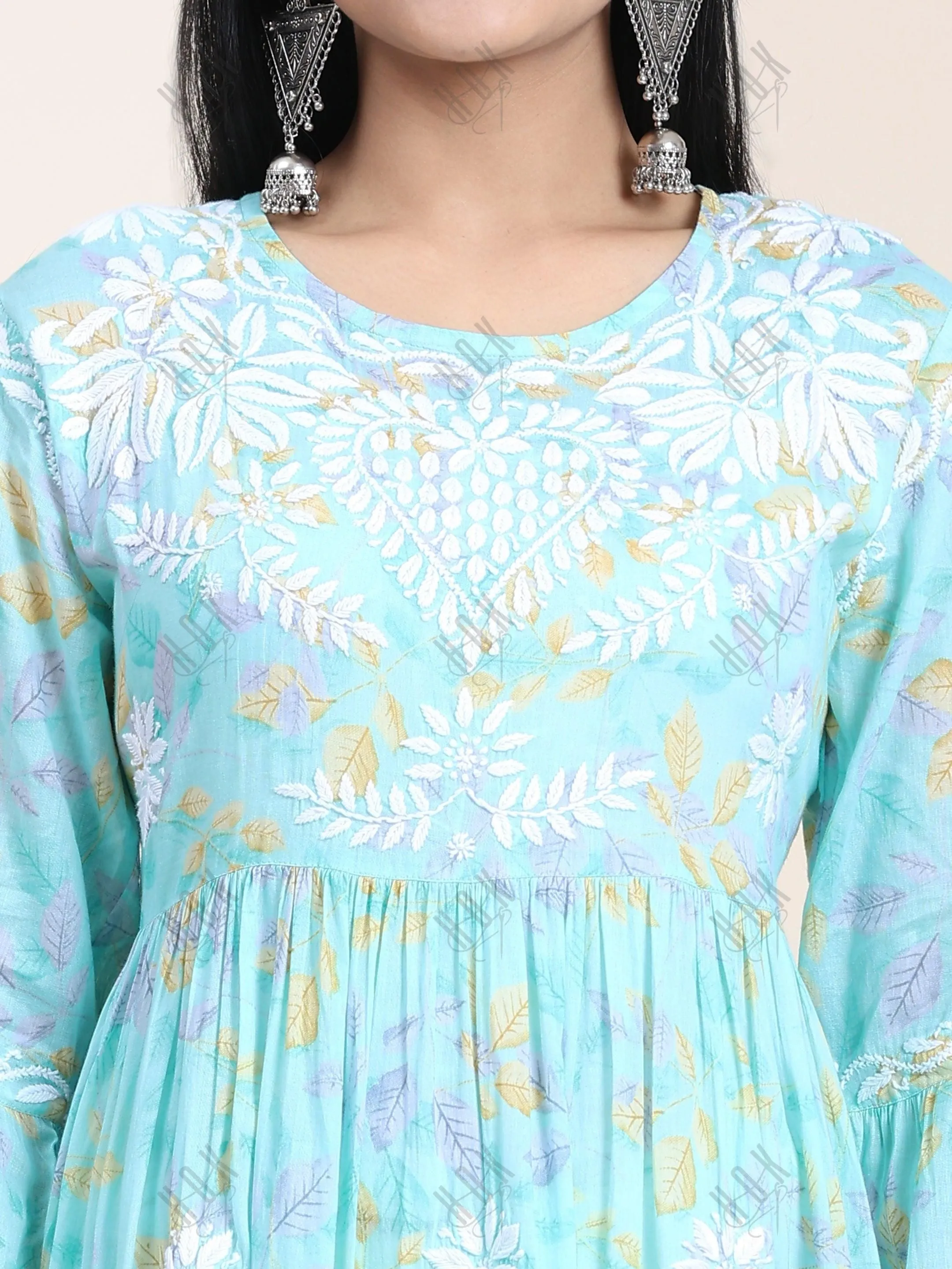 Samma Hand Embroidered Chikankari  Mul Gown for Women- Light Blue
