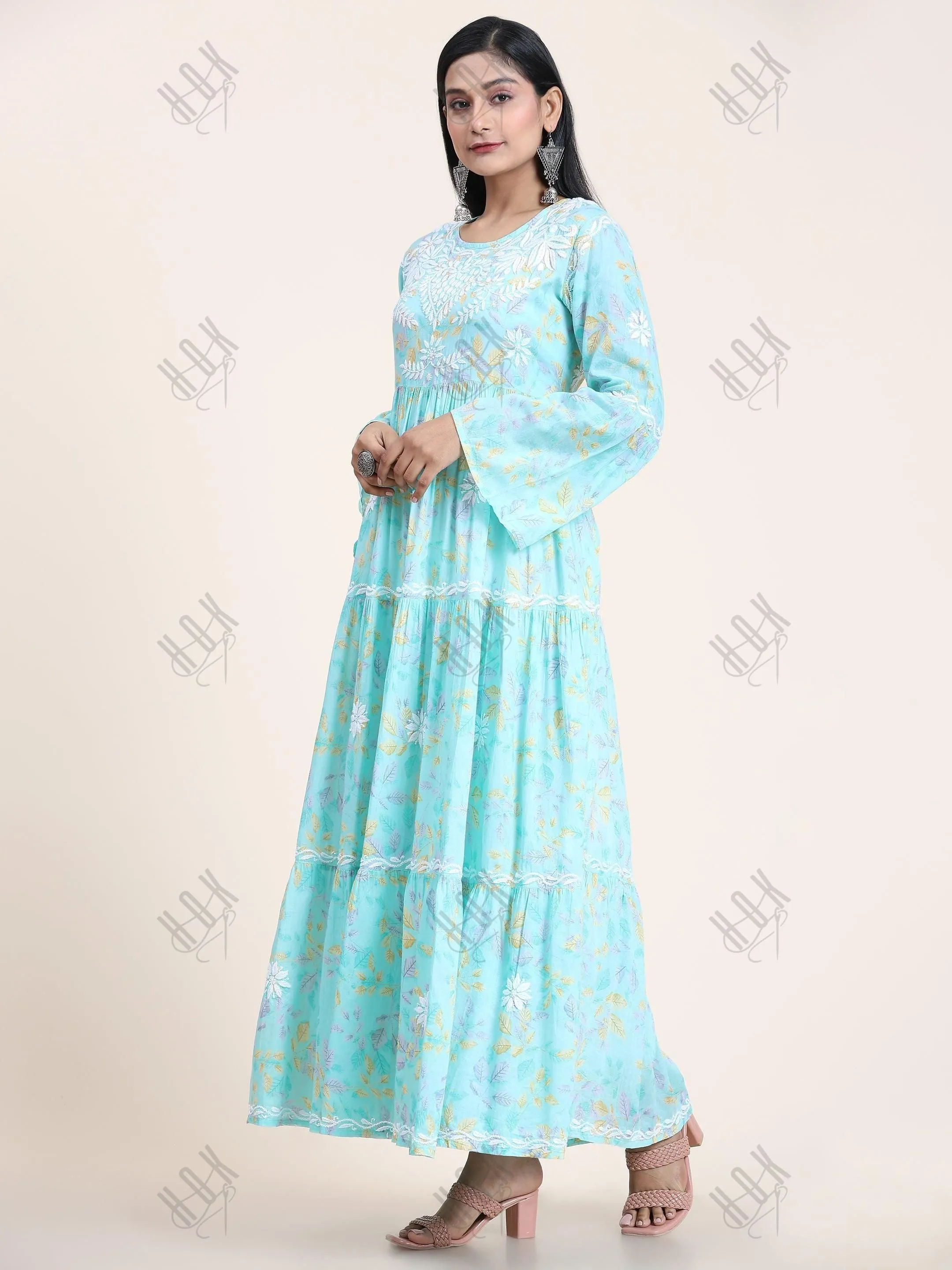 Samma Hand Embroidered Chikankari  Mul Gown for Women- Light Blue