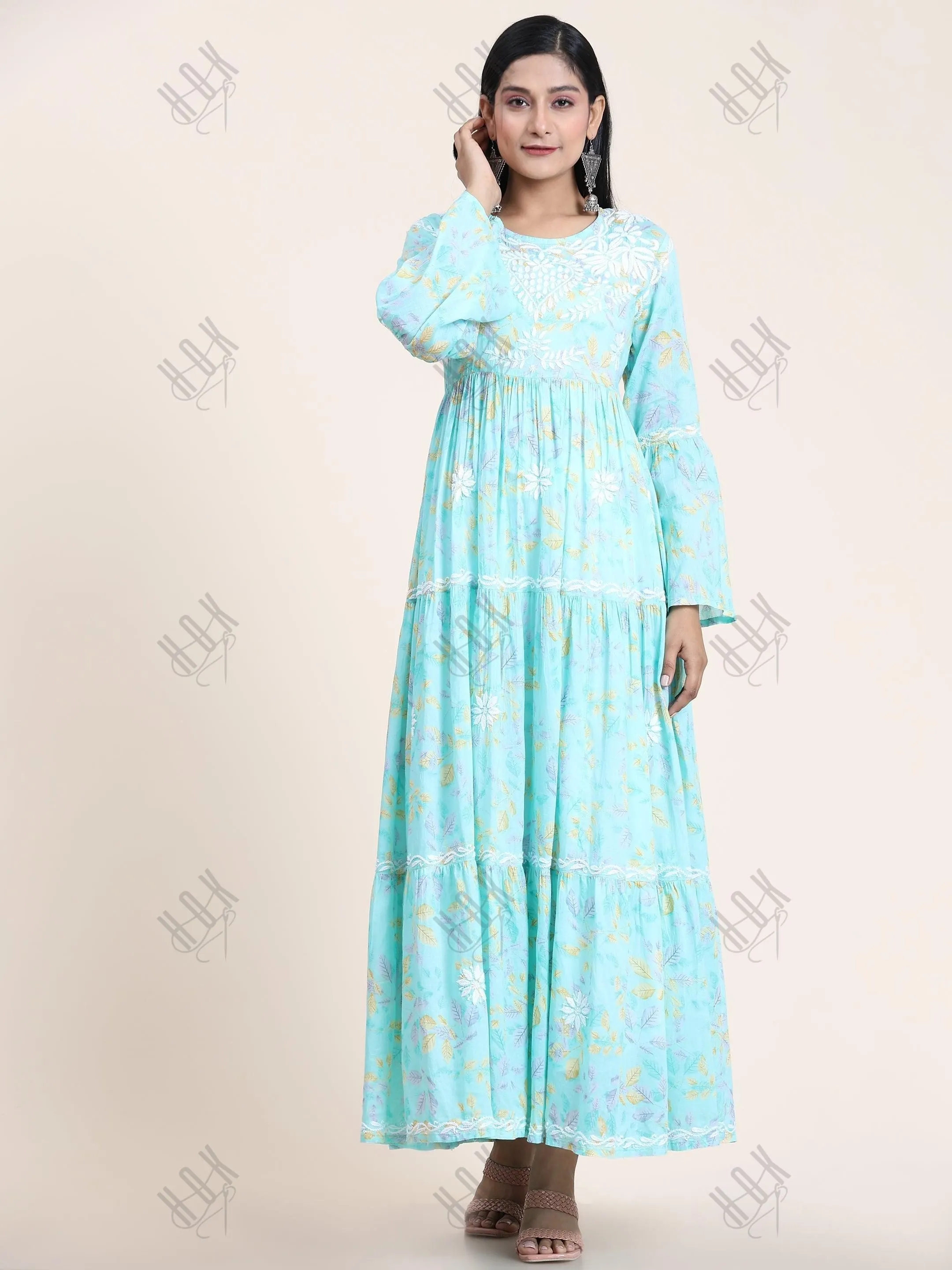 Samma Hand Embroidered Chikankari  Mul Gown for Women- Light Blue