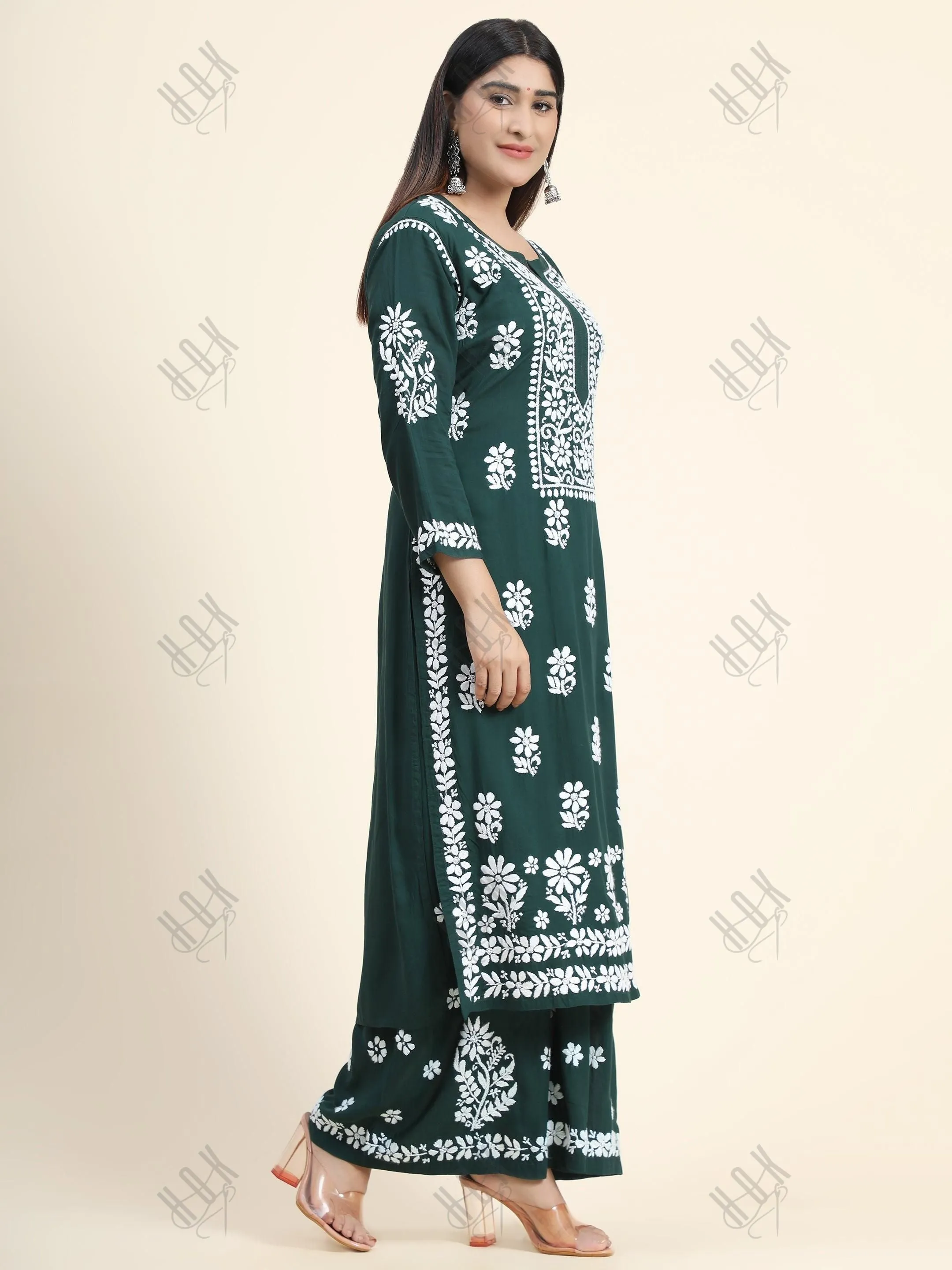Samma Premium Hand Embroidery Chikankari Co-Ord Set in Modal Cotton Green