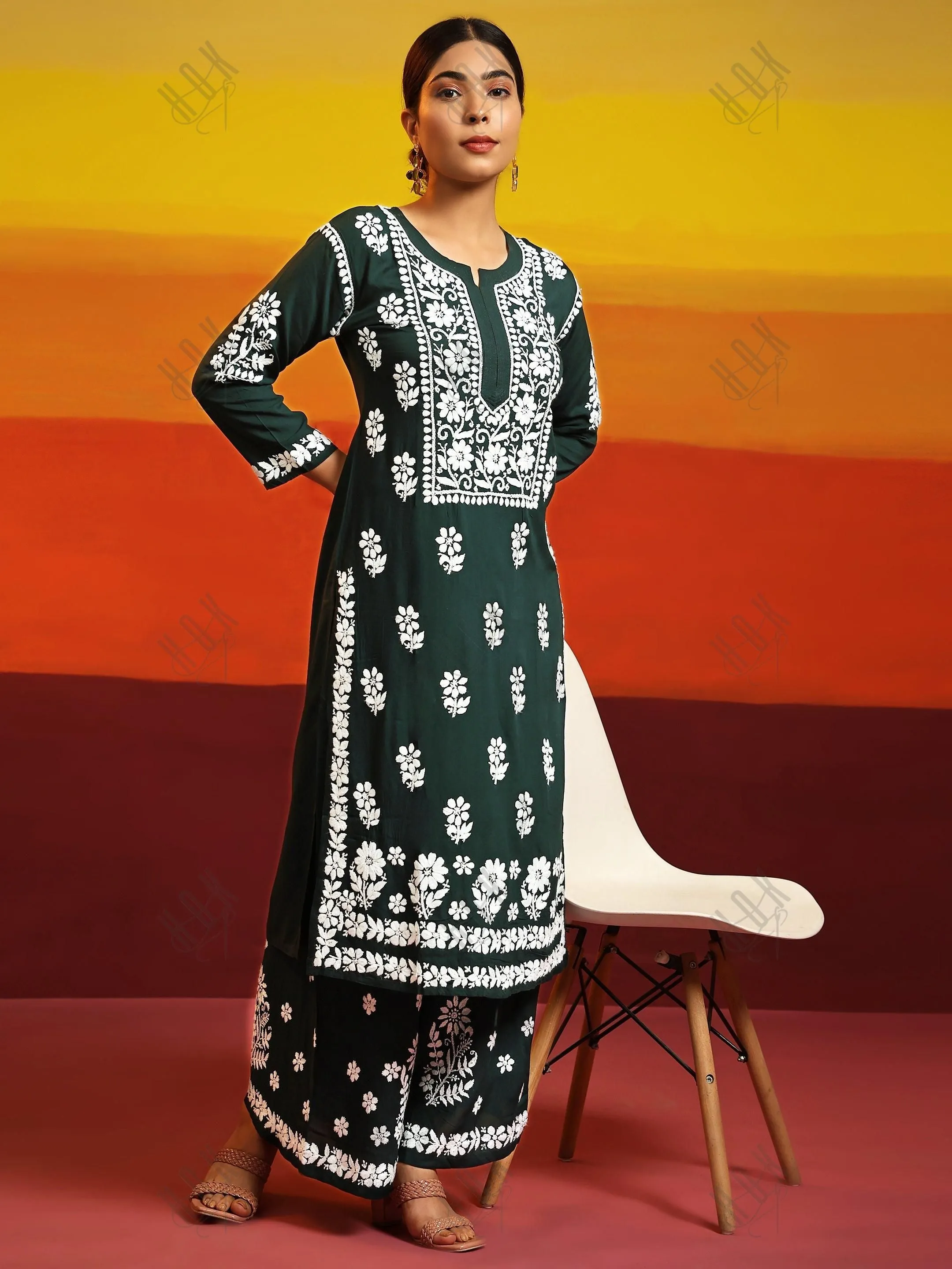 Samma Premium Hand Embroidery Chikankari Co-Ord Set in Modal Cotton Green