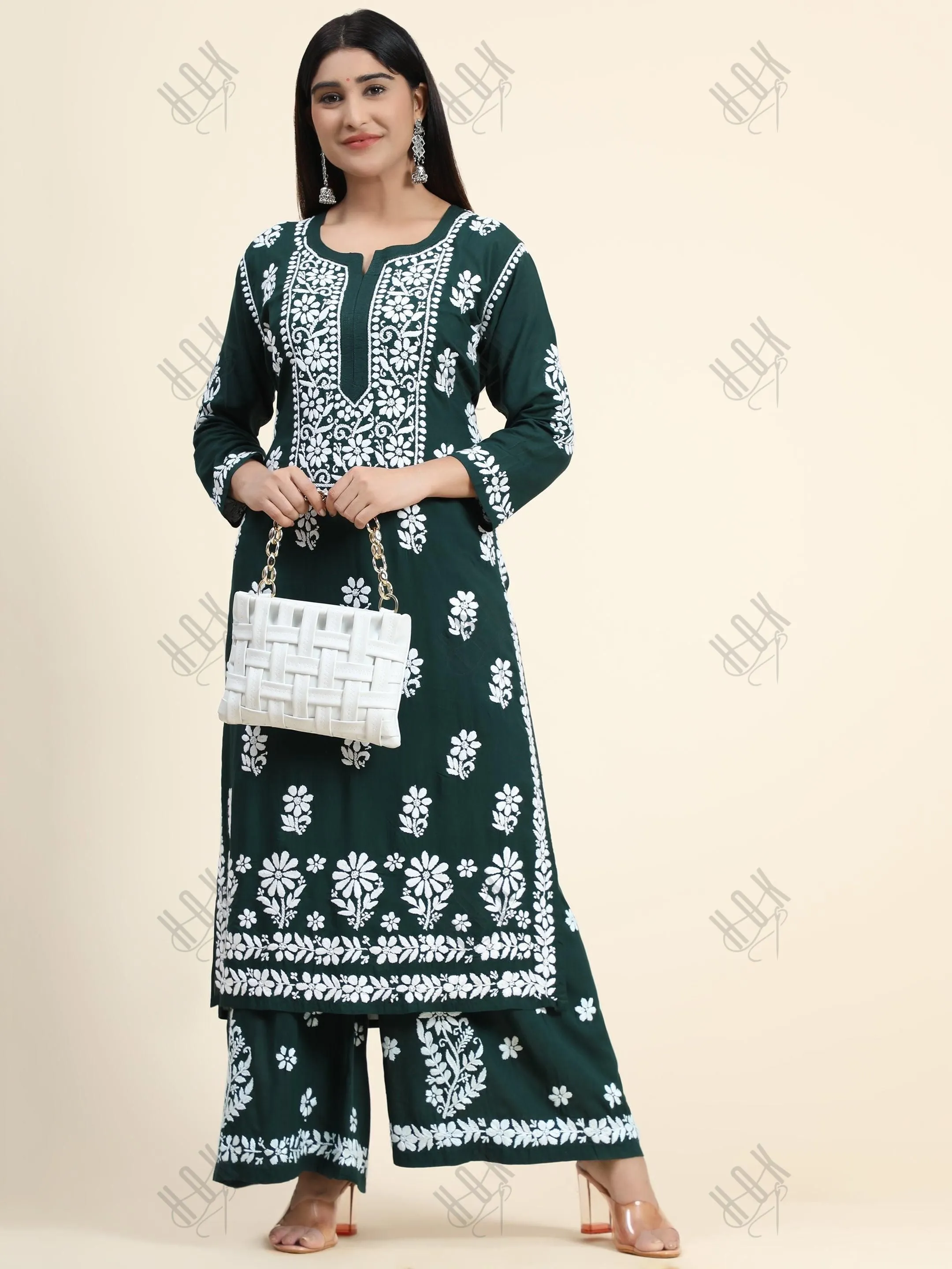 Samma Premium Hand Embroidery Chikankari Co-Ord Set in Modal Cotton Green