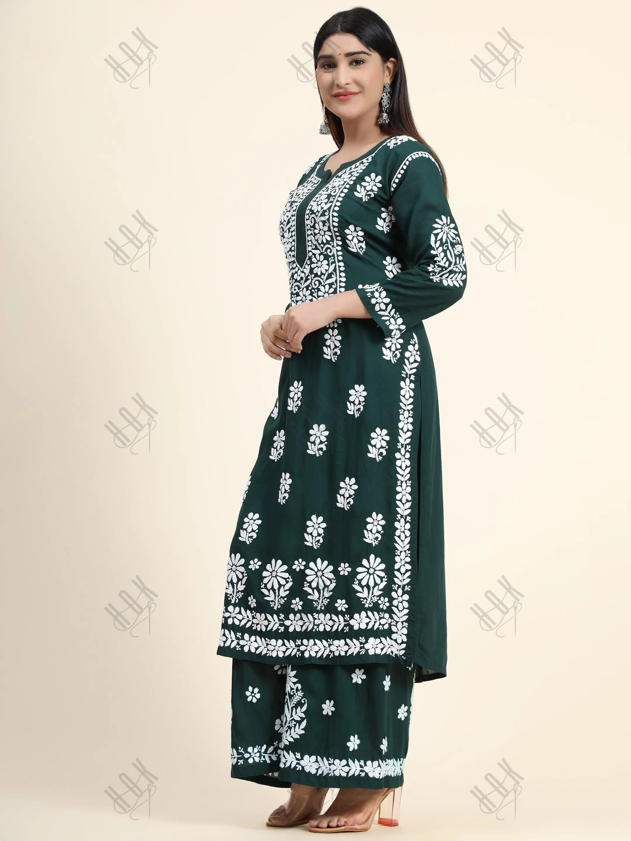 Samma Premium Hand Embroidery Chikankari Co-Ord Set in Modal Cotton Green