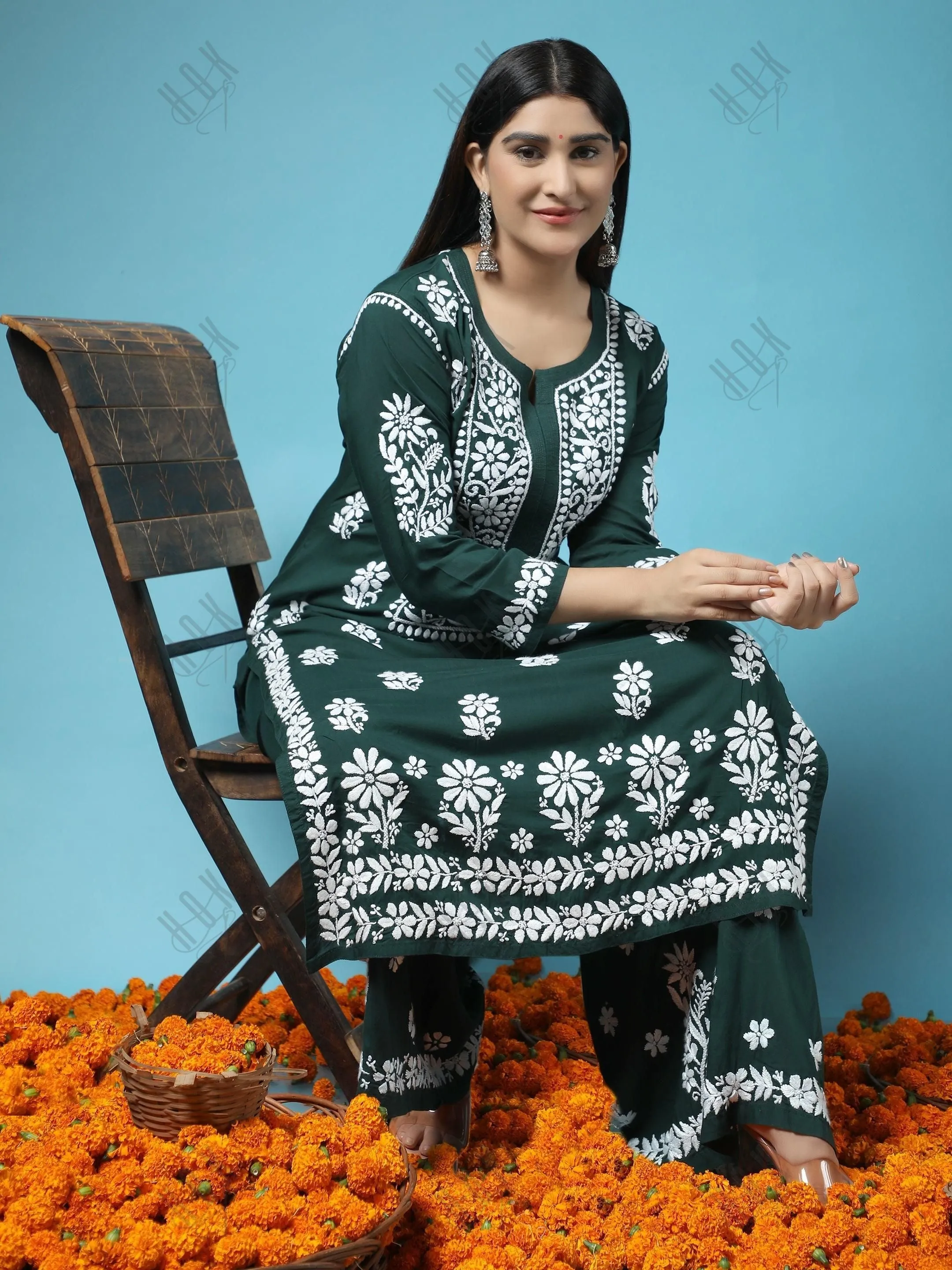 Samma Premium Hand Embroidery Chikankari Co-Ord Set in Modal Cotton Green