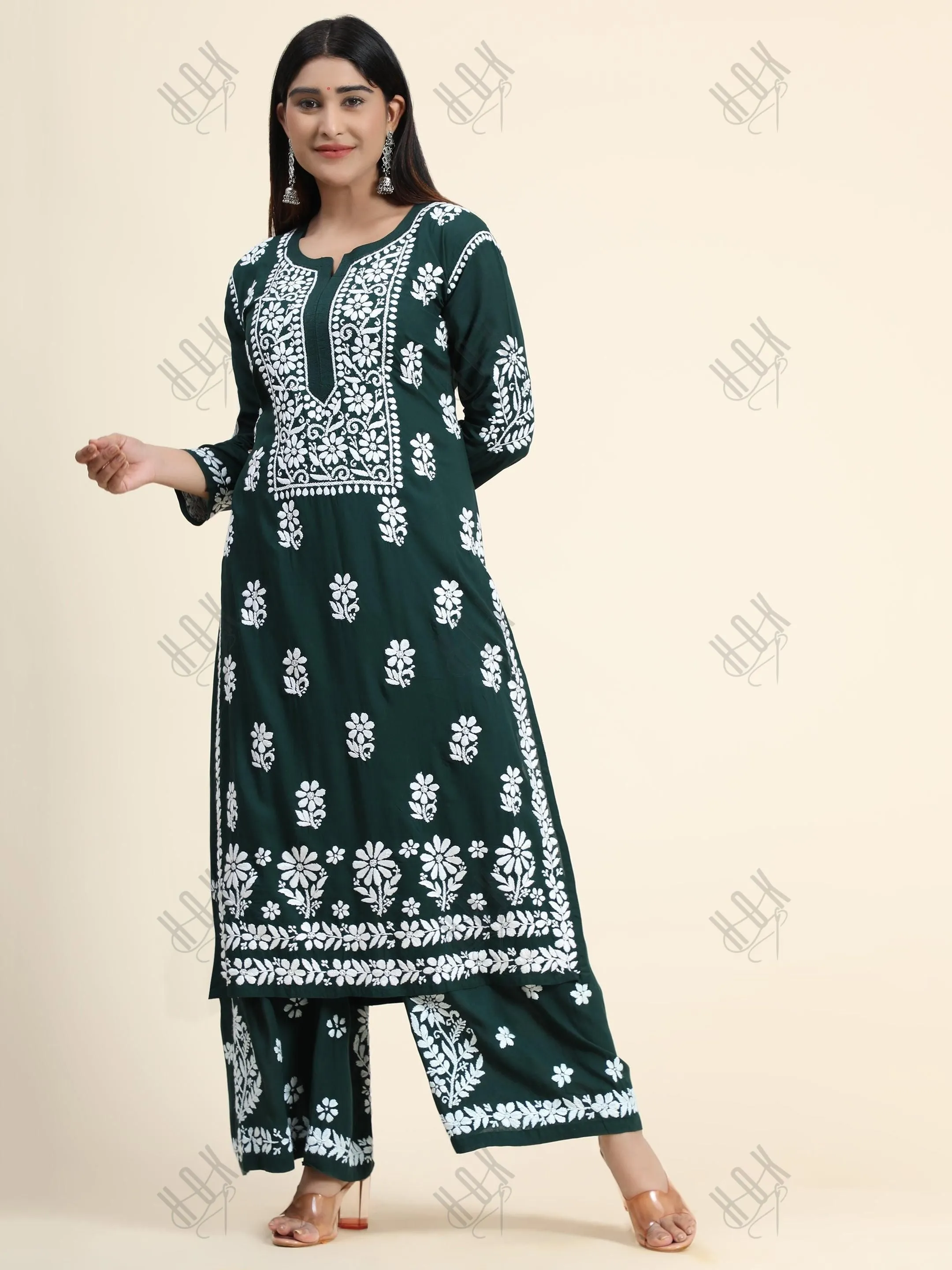 Samma Premium Hand Embroidery Chikankari Co-Ord Set in Modal Cotton Green