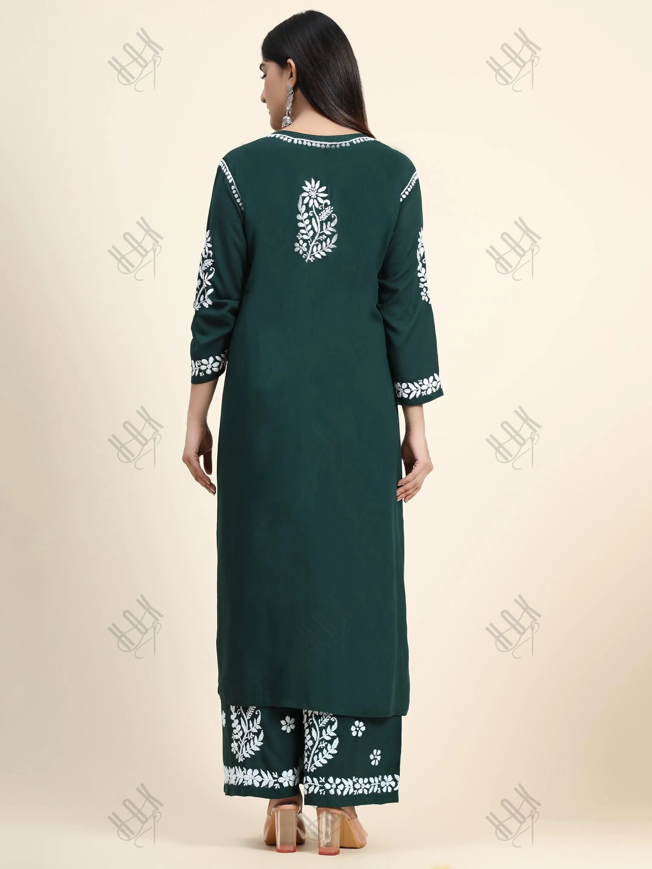 Samma Premium Hand Embroidery Chikankari Co-Ord Set in Modal Cotton Green