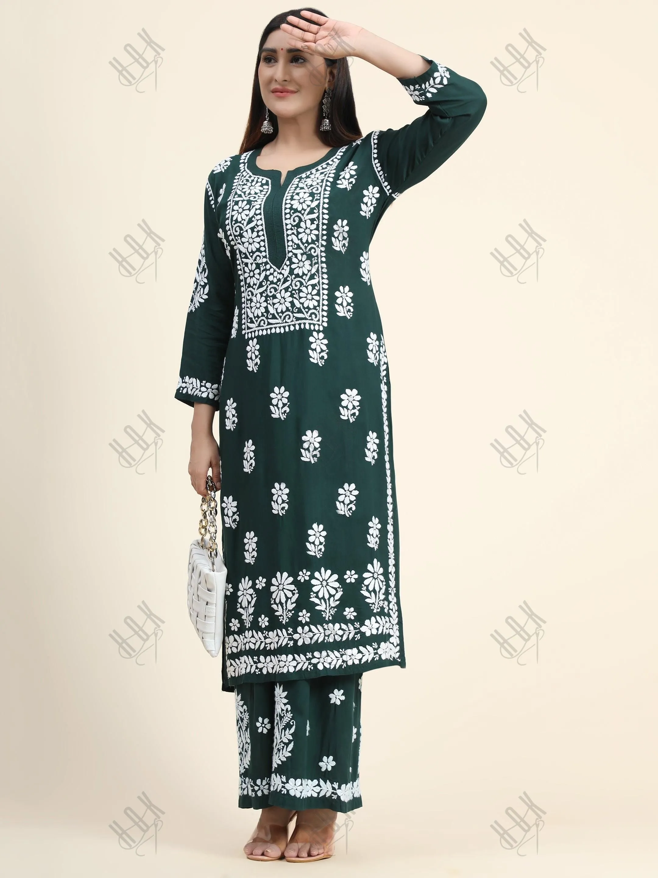 Samma Premium Hand Embroidery Chikankari Co-Ord Set in Modal Cotton Green