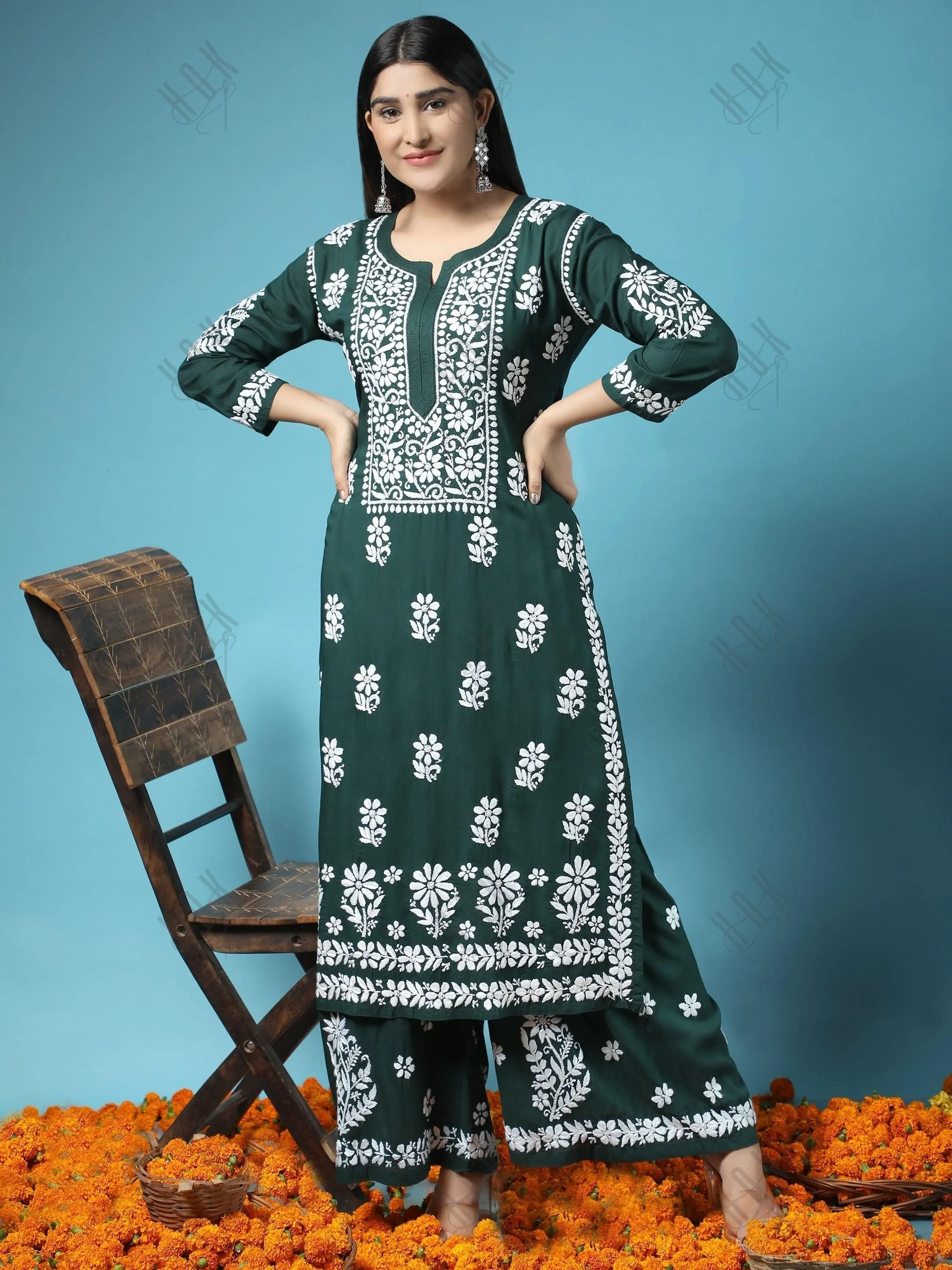 Samma Premium Hand Embroidery Chikankari Co-Ord Set in Modal Cotton Green