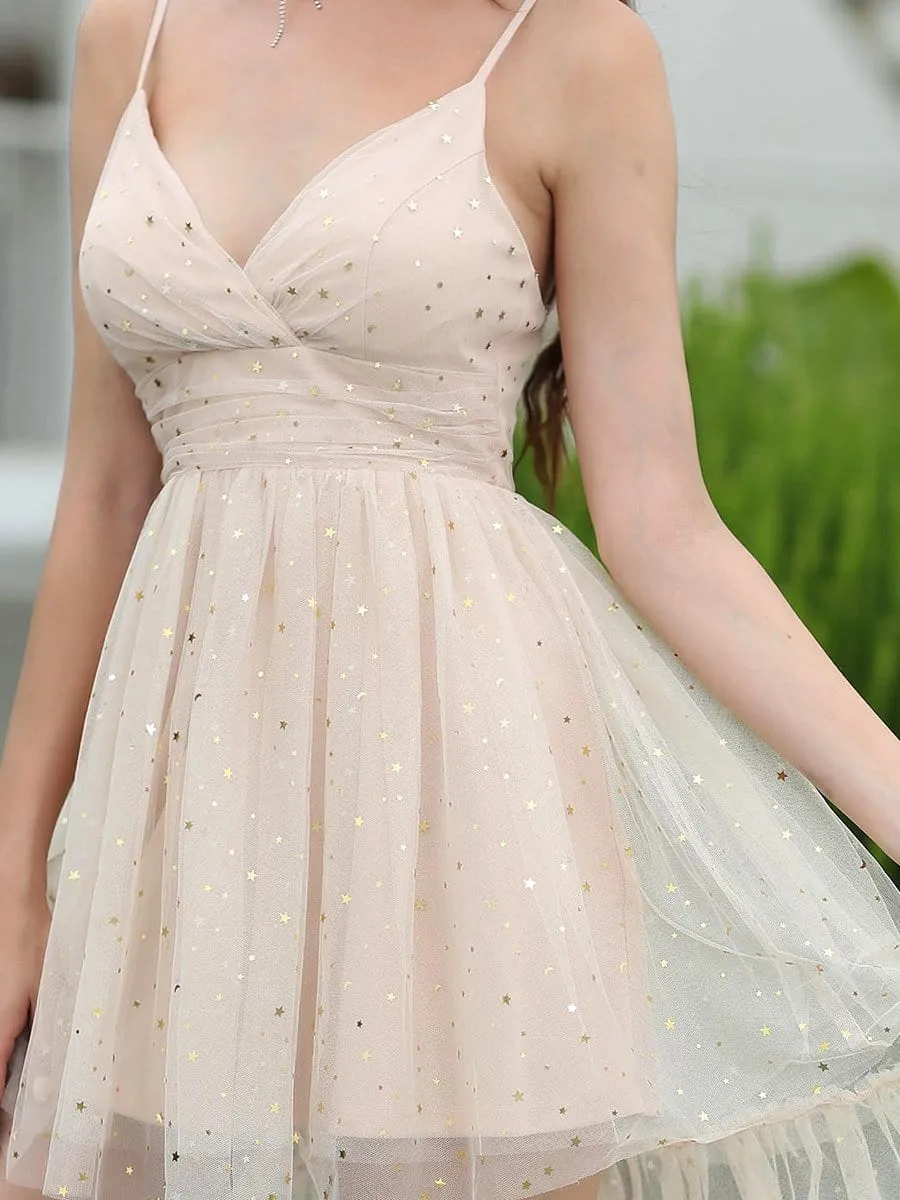 Sexy Deep V Neck Spaghetti Strap Mid-Rib Layered Tulle Long Back Dress