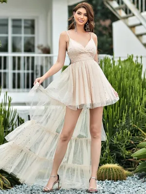 Sexy Deep V Neck Spaghetti Strap Mid-Rib Layered Tulle Long Back Dress